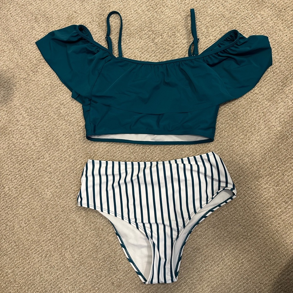 Ruffle Top Bikini & Vertical Striped Bottoms